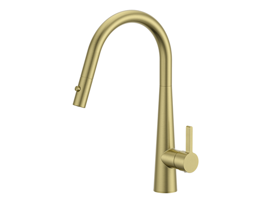 Sakura Belle Gooseneck Pullout Sink Mixer with Vegie Spray Brushed Gold