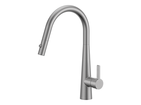 Sakura Belle Gooseneck Pullout Sink Mixer with Vegie Spray Brushed Nickel